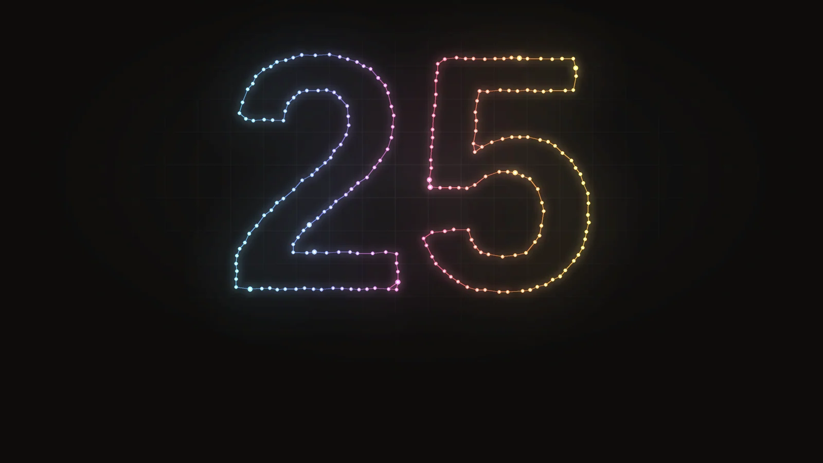 Two hundred and twenty-five points of light arranged into the numeral 25, drawn as a wireframe network.